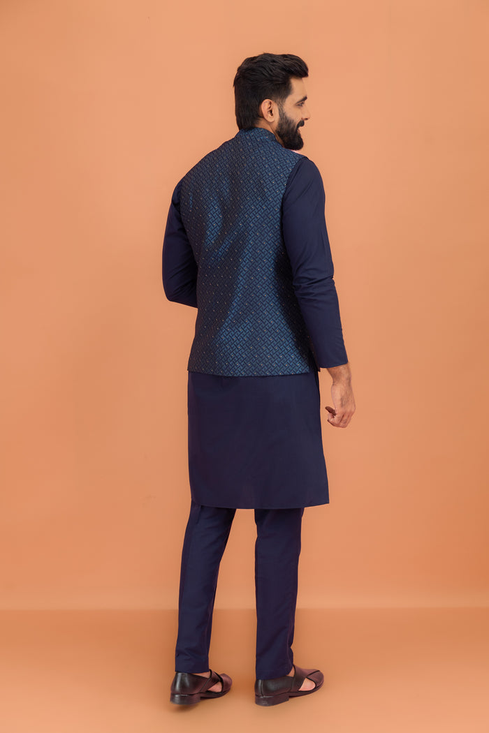 Navy Blue Silk Embellished Nehru Jacket Kurta Set