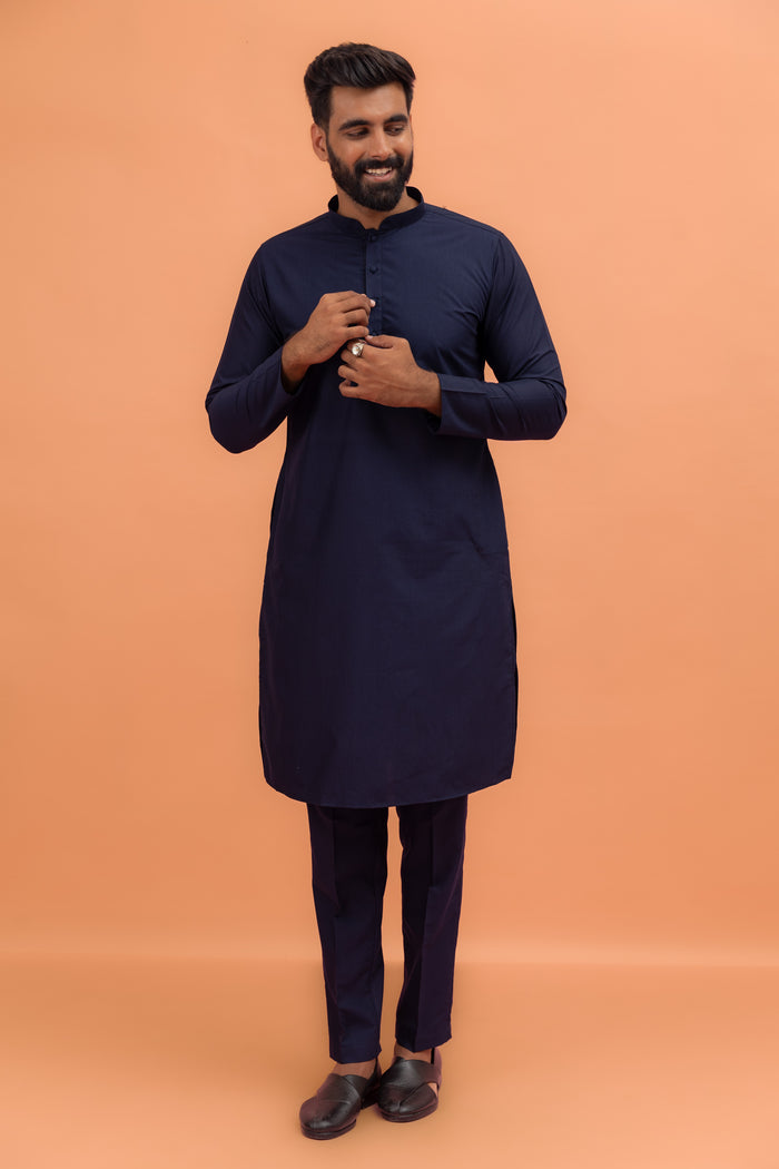 Navy Blue Silk Embellished Nehru Jacket Kurta Set
