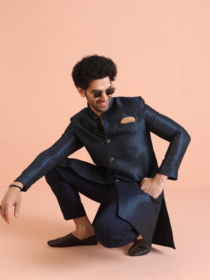 Navy Blue Textured Sherwani Trouser Set