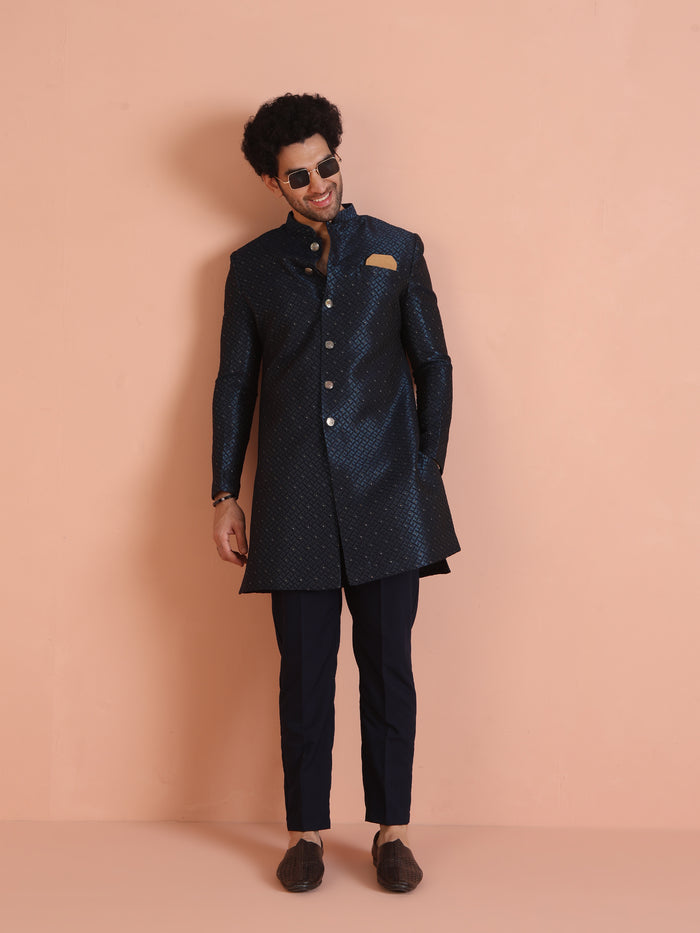 Navy Blue Textured Sherwani Trouser Set
