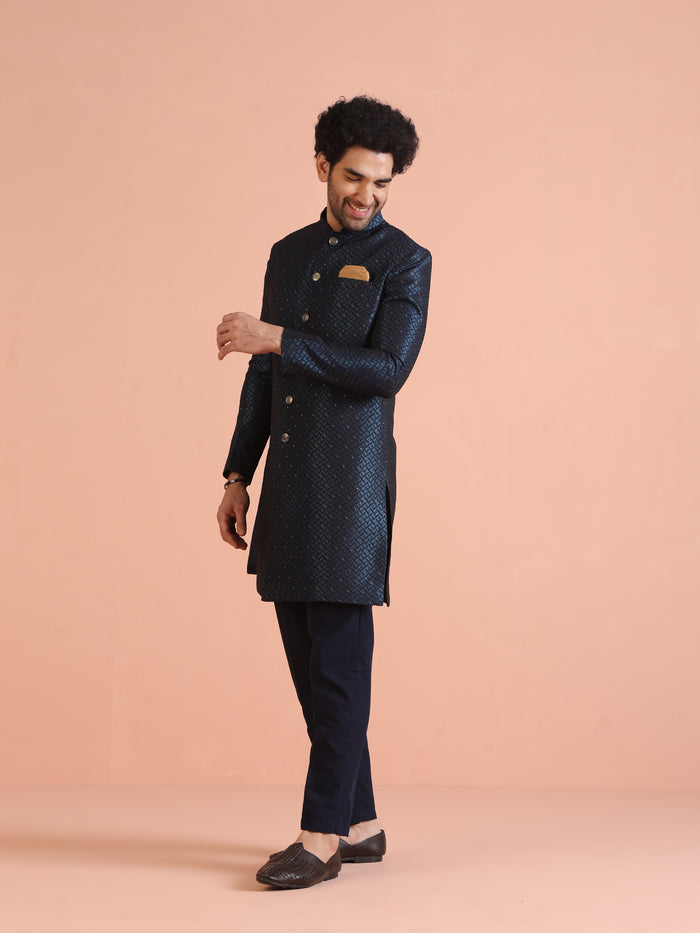Navy Blue Textured Sherwani Trouser Set