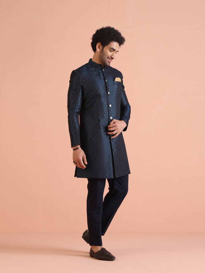 Navy Blue Textured Sherwani Trouser Set