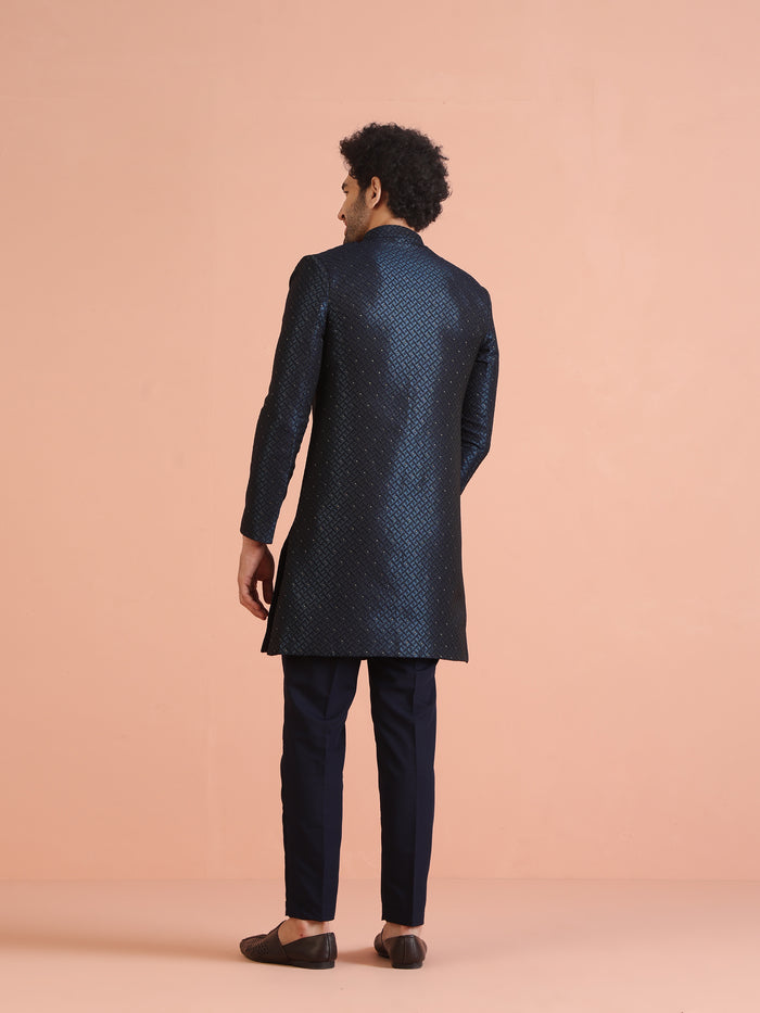 Navy Blue Textured Sherwani Trouser Set