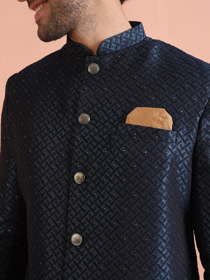 Navy Blue Textured Sherwani Trouser Set