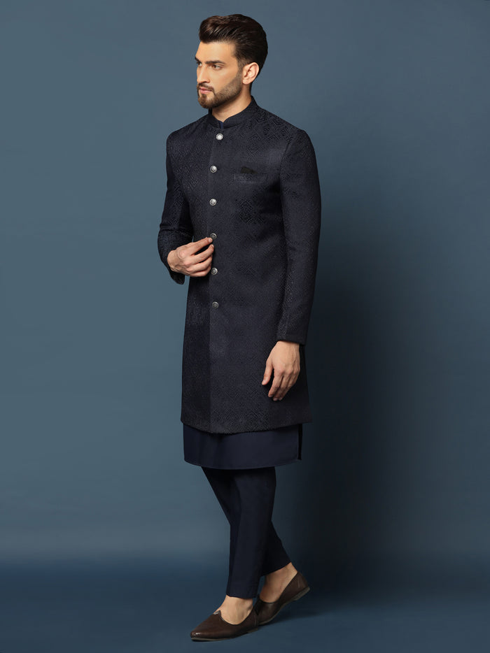 Navy Blue Woven Sherwani Trouser Set