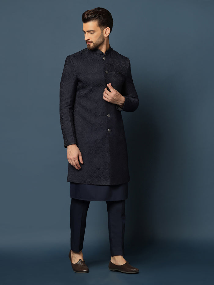 Navy Blue Woven Sherwani Trouser Set