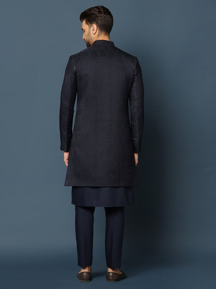 Navy Blue Woven Sherwani Trouser Set