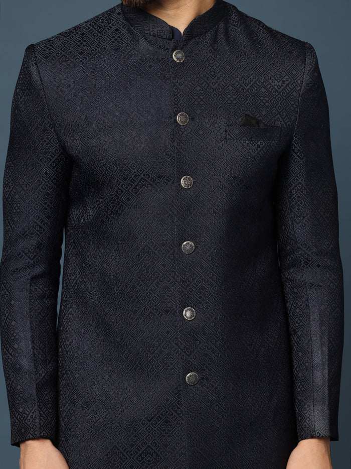 Navy Blue Woven Sherwani Trouser Set