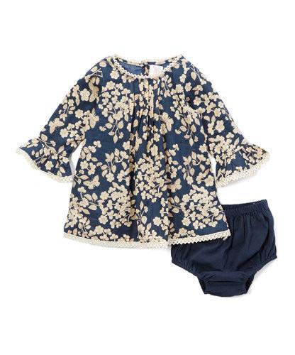 Navy Cherry Blossom Inspired Box Pleat Lace Detail Infant Dress Dress Yo Baby Wholesale
