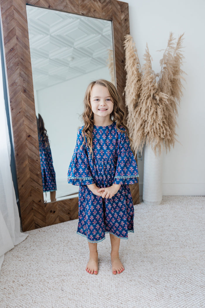 Navy Floral Print Bell-Sleeves Gathered Dress dress & diaper cover Yo Baby India