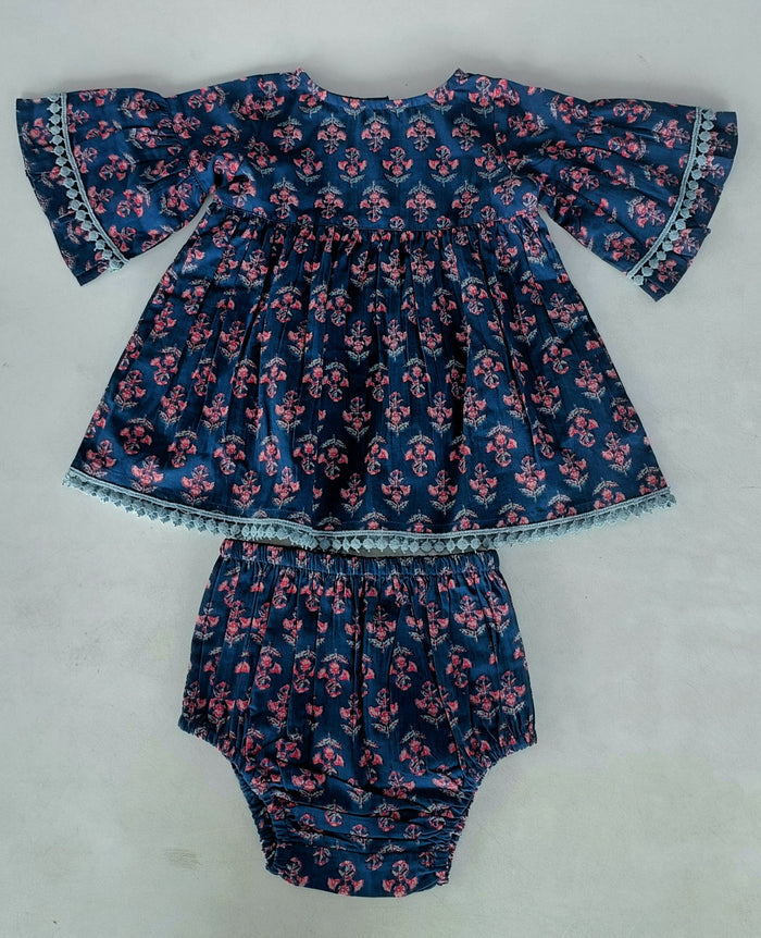 Navy Floral Print Bell-Sleeves Gathered Dress dress & diaper cover Yo Baby India