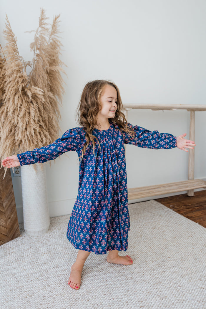 Navy Floral Print Front Pleated Dress dress & diaper cover Yo Baby India