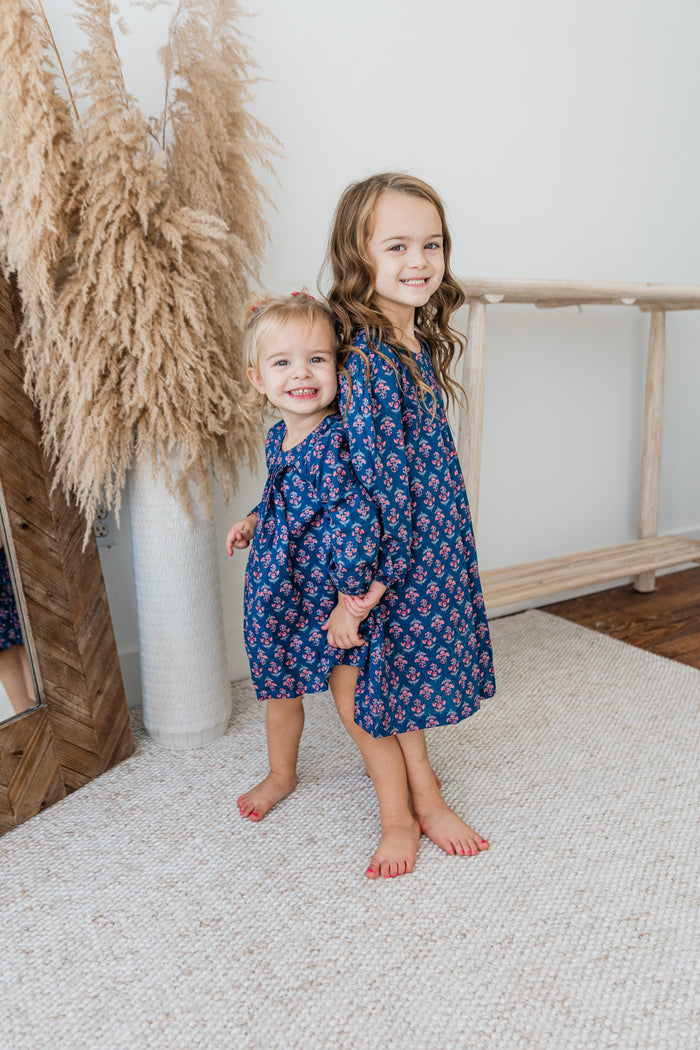 Navy Floral Print Front Pleated Dress dress & diaper cover Yo Baby India