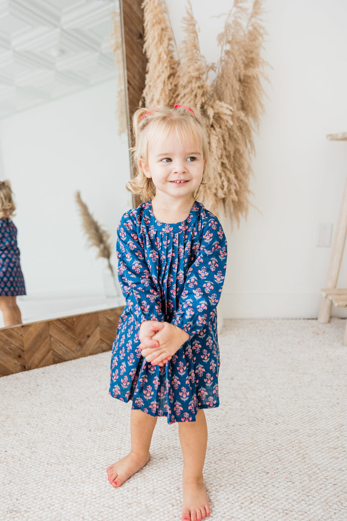 Navy Floral Print Front Pleated Dress dress & diaper cover Yo Baby India