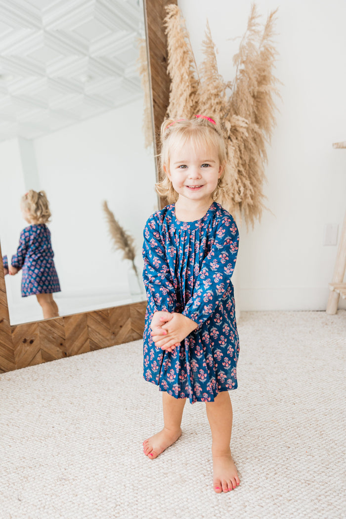 Navy Floral Print Front Pleated Dress dress & diaper cover Yo Baby India