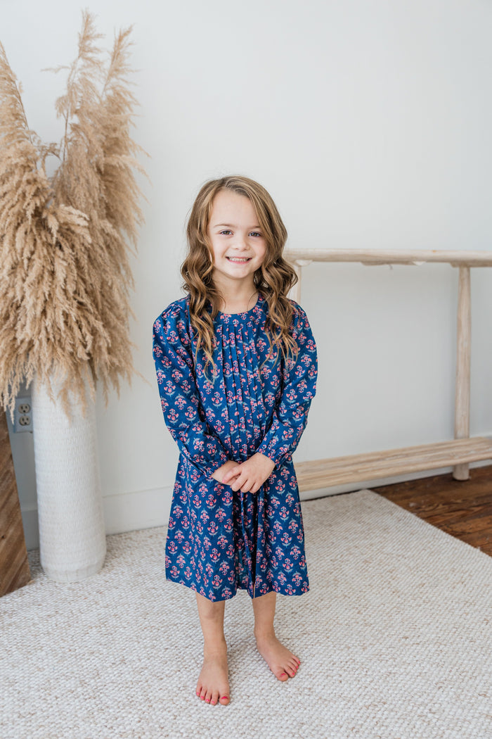 Navy Floral Print Front Pleated Dress dress & diaper cover Yo Baby India