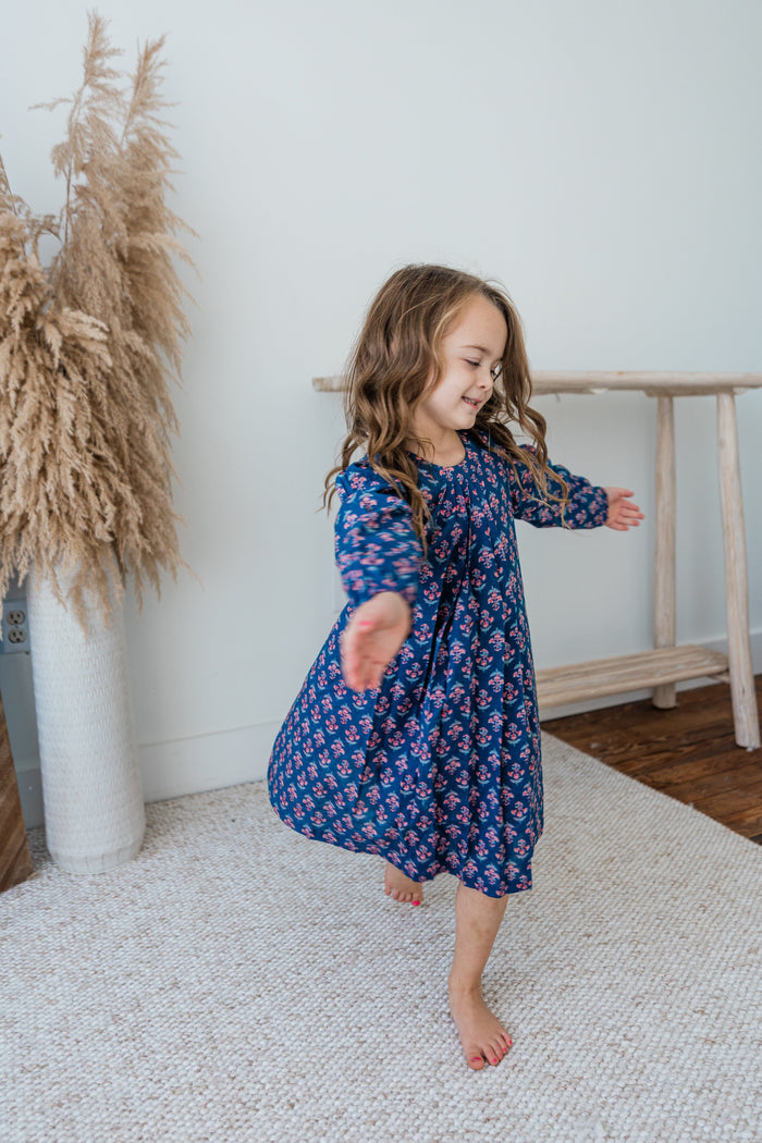 Navy Floral Print Front Pleated Dress dress & diaper cover Yo Baby India