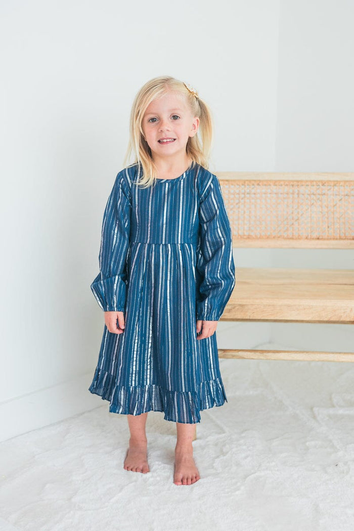 Navy Solid Color Lurex Long Sleeve Ruffle Detail Dress Dress Yo Baby India