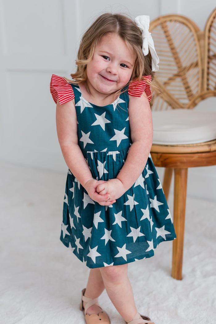 Navy Star Print Sleeve Ruffled Gathered Dress dress & diaper cover Yo Baby India