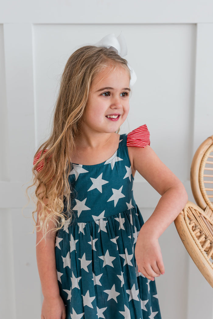 Navy Star Print Sleeve Ruffled Gathered Dress dress & diaper cover Yo Baby India
