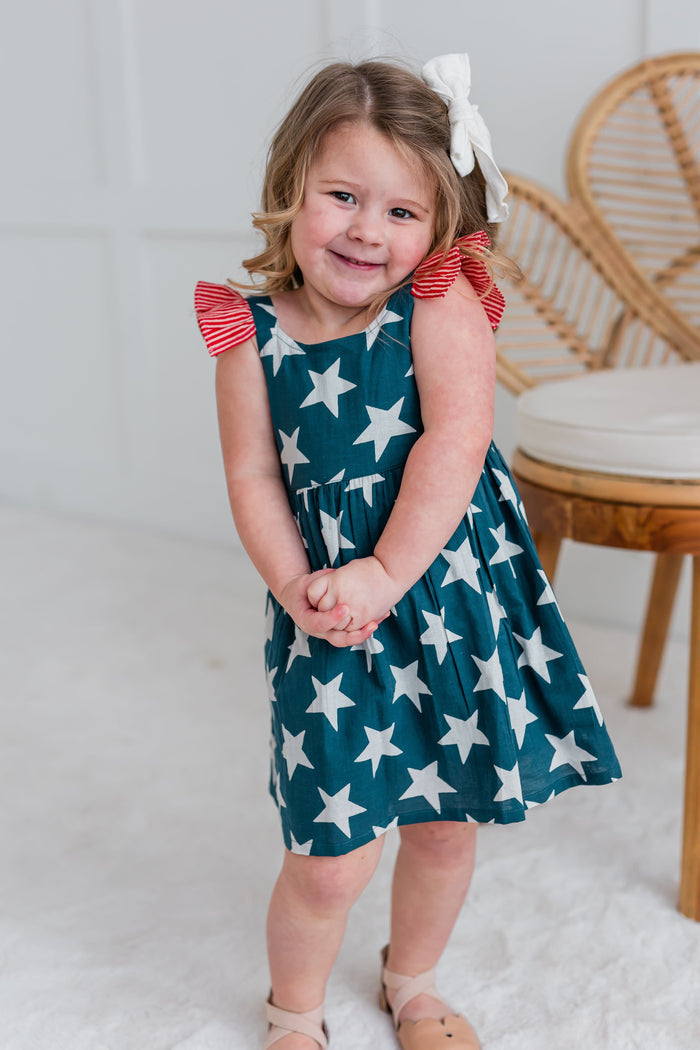 Navy Star Print Sleeve Ruffled Gathered Dress dress & diaper cover Yo Baby India