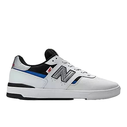 White sneaker with black and blue accents on a white background