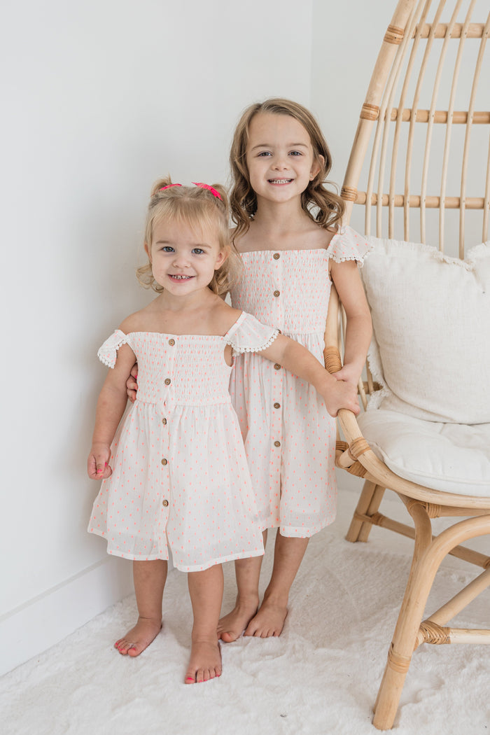 Neon Pink Cotton Dobby Sleeve Ruffle Gathered Dress Yo Baby India