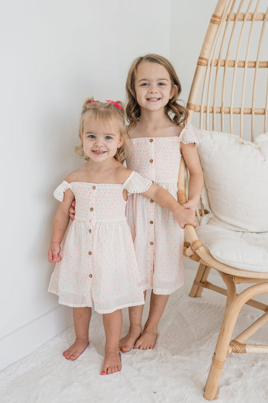 Neon Pink Cotton Dobby Sleeve Ruffle Gathered Dress Yo Baby India