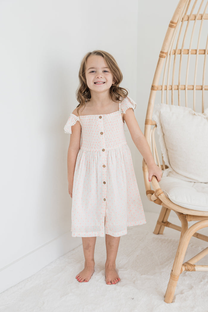 Neon Pink Cotton Dobby Sleeve Ruffle Gathered Dress Yo Baby India