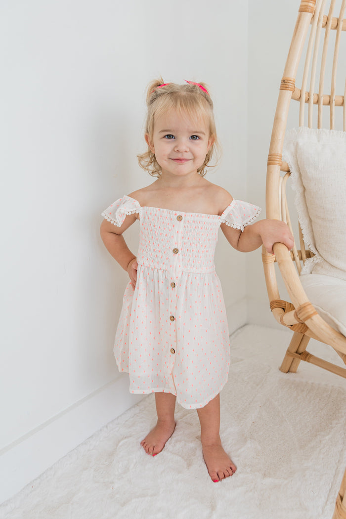 Neon Pink Cotton Dobby Sleeve Ruffle Gathered Dress Yo Baby India