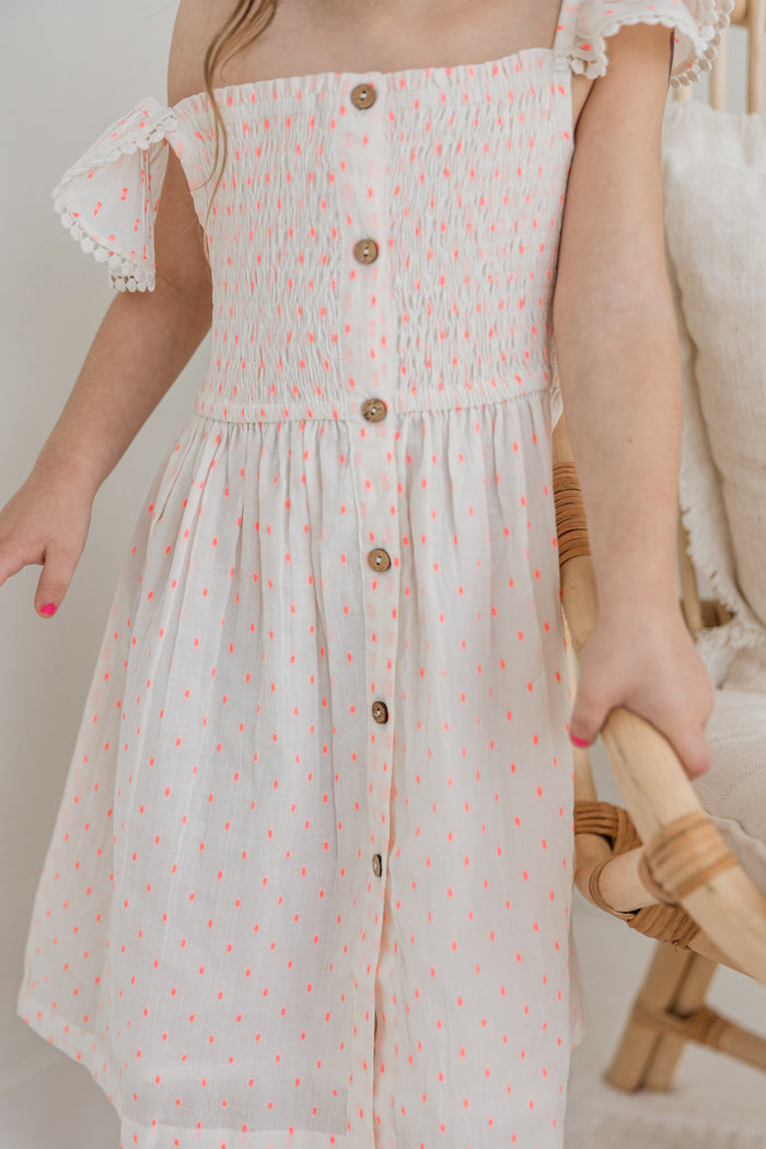 Neon Pink Cotton Dobby Sleeve Ruffle Gathered Dress Yo Baby India