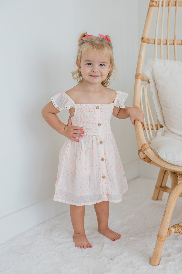 Neon Pink Cotton Dobby Sleeve Ruffle Gathered Dress Yo Baby India