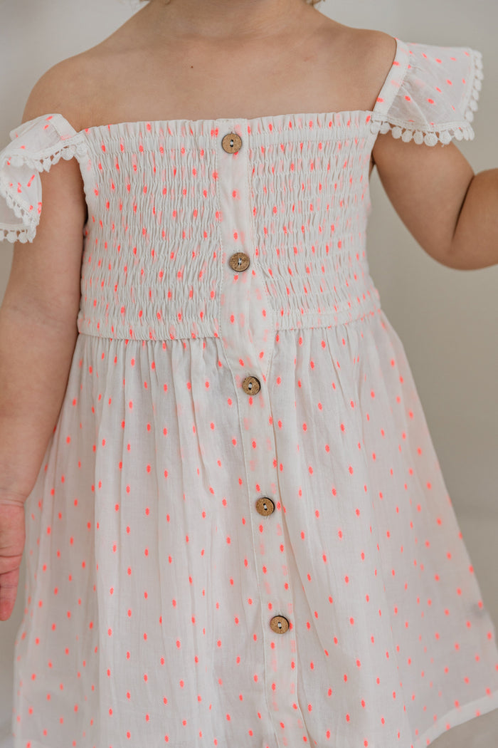 Neon Pink Cotton Dobby Sleeve Ruffle Gathered Dress Yo Baby India