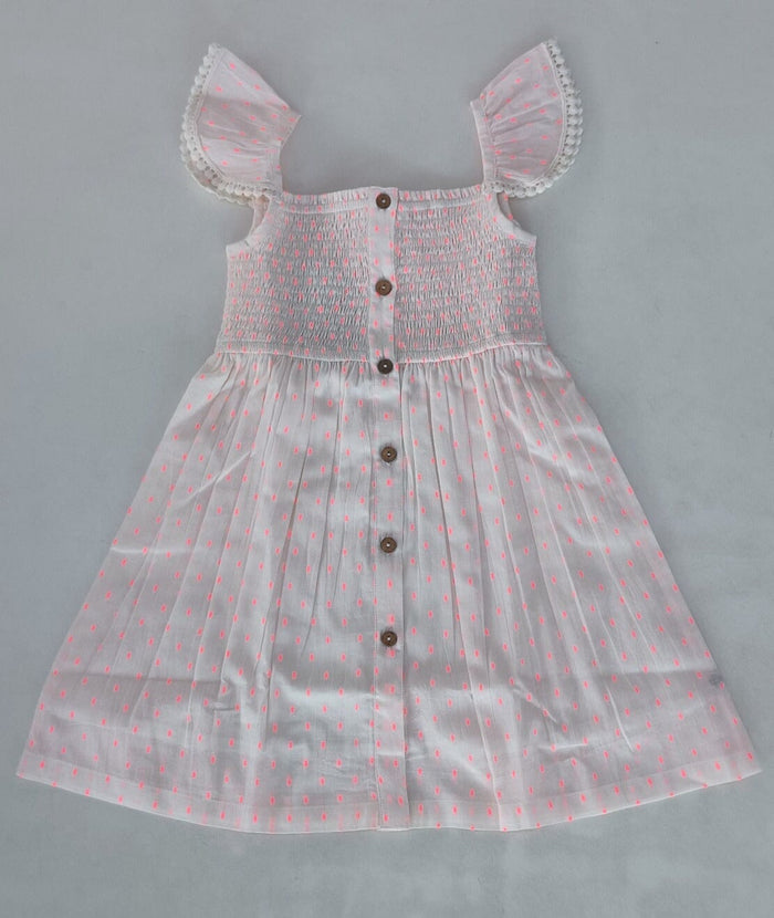 Neon Pink Cotton Dobby Sleeve Ruffle Gathered Dress Yo Baby India