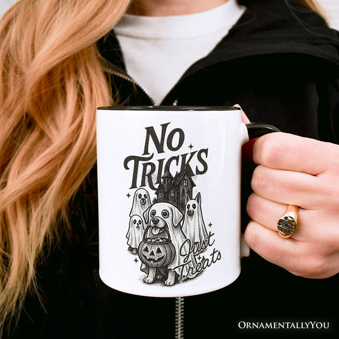 No Tricks Just Treats Dog Personalized Mug, Funny Halloween Puppy Gift with Spooky Vibes and Custom Name Personalized Ceramic Mug OrnamentallyYou