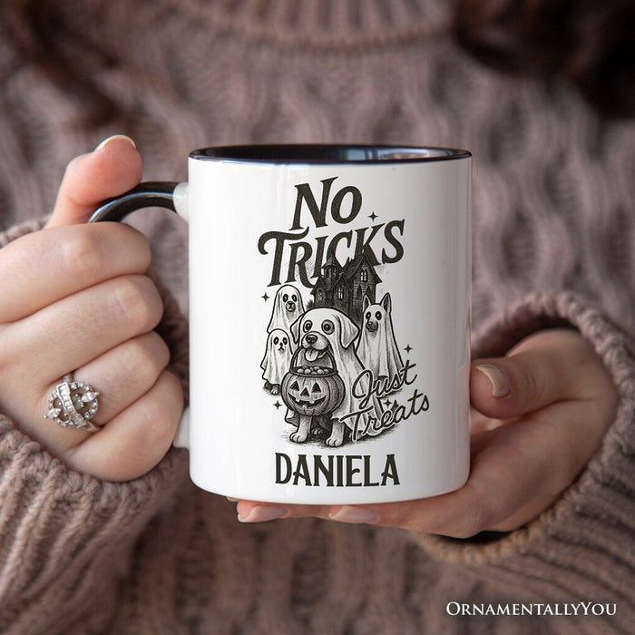 No Tricks Just Treats Dog Personalized Mug, Funny Halloween Puppy Gift with Spooky Vibes and Custom Name Personalized Ceramic Mug OrnamentallyYou