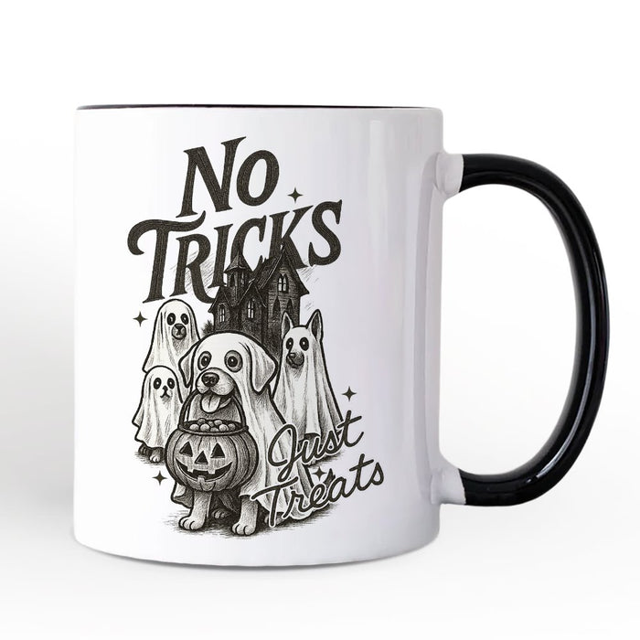 No Tricks Just Treats Dog Personalized Mug, Funny Halloween Puppy Gift with Spooky Vibes and Custom Name Personalized Ceramic Mug OrnamentallyYou White - Black Non-Custom