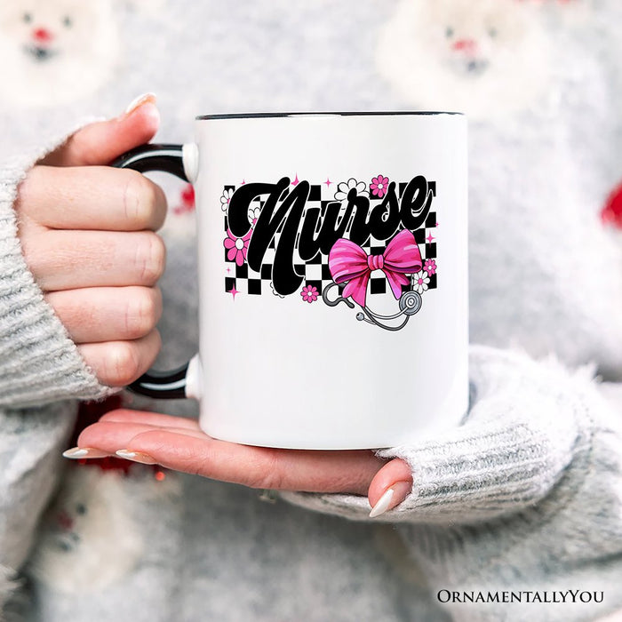 Nurse Floral Coquette Pink Bow Personalized Mug, Coquette Medical Worker Gift with Custom Name Personalized Ceramic Mug OrnamentallyYou