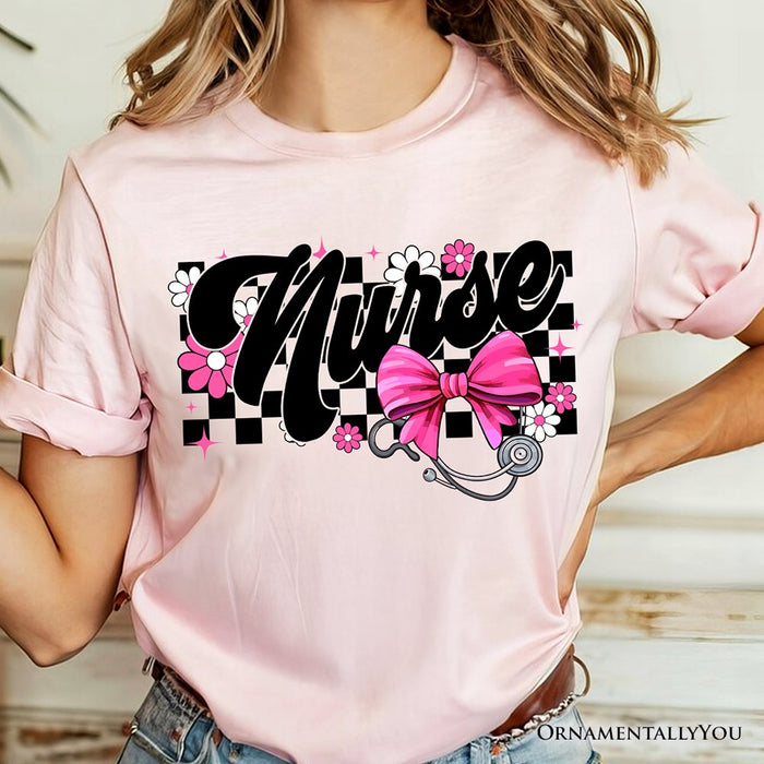 Nurse Floral Coquette Pink Bow T-Shirt, Retro Stethoscope Checkered Tee T-Shirts OrnamentallyYou