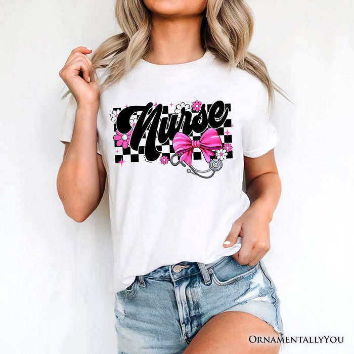 Nurse Floral Coquette Pink Bow T-Shirt, Retro Stethoscope Checkered Tee T-Shirts OrnamentallyYou