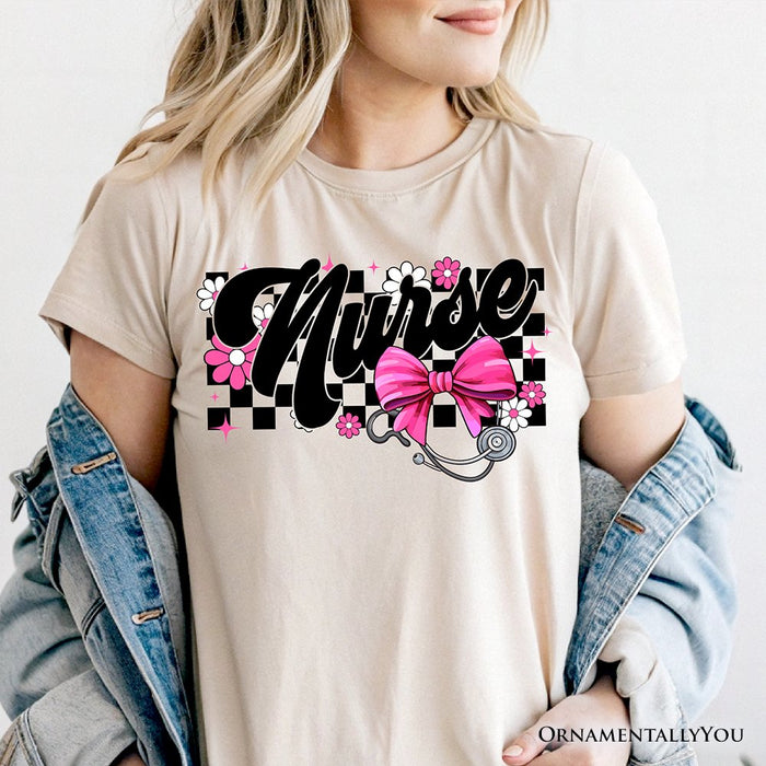 Nurse Floral Coquette Pink Bow T-Shirt, Retro Stethoscope Checkered Tee T-Shirts OrnamentallyYou
