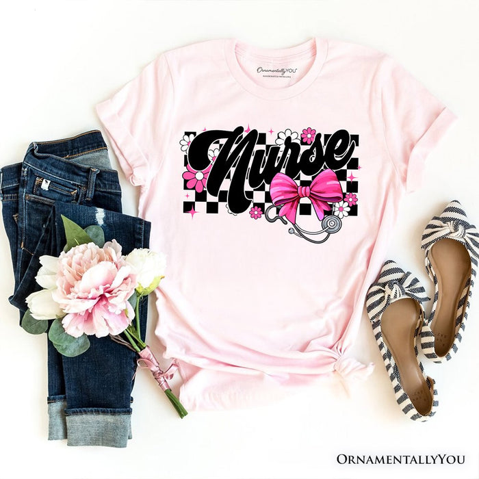 Nurse Floral Coquette Pink Bow T-Shirt, Retro Stethoscope Checkered Tee T-Shirts OrnamentallyYou Soft Pink XS