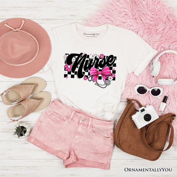 Nurse Floral Coquette Pink Bow T-Shirt, Retro Stethoscope Checkered Tee T-Shirts OrnamentallyYou White XS