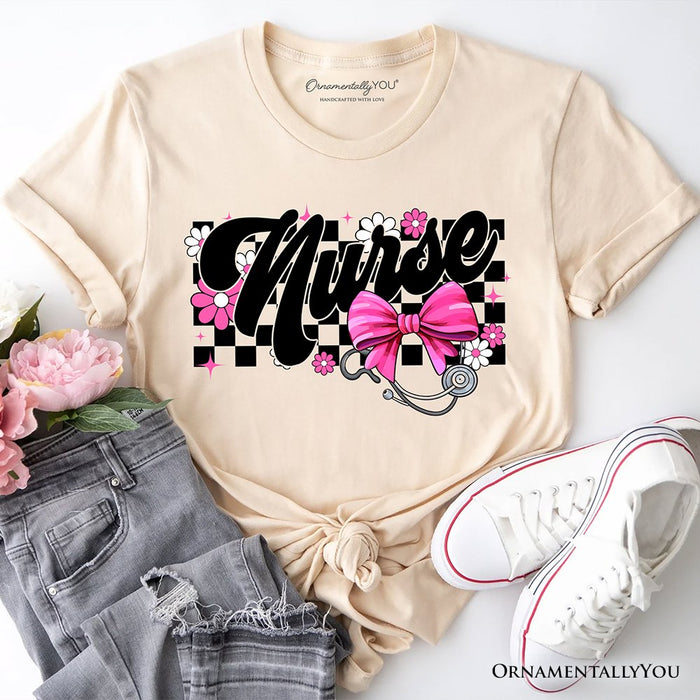 Nurse Floral Coquette Pink Bow T-Shirt, Retro Stethoscope Checkered Tee T-Shirts OrnamentallyYou Natural XS