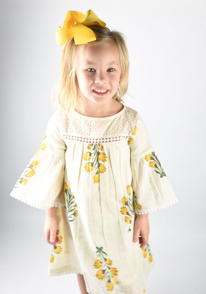 Off-White Floral Flutter Sleeves Lace Detail Infant Dress With Matching Bloomer Dress Yo Baby Wholesale