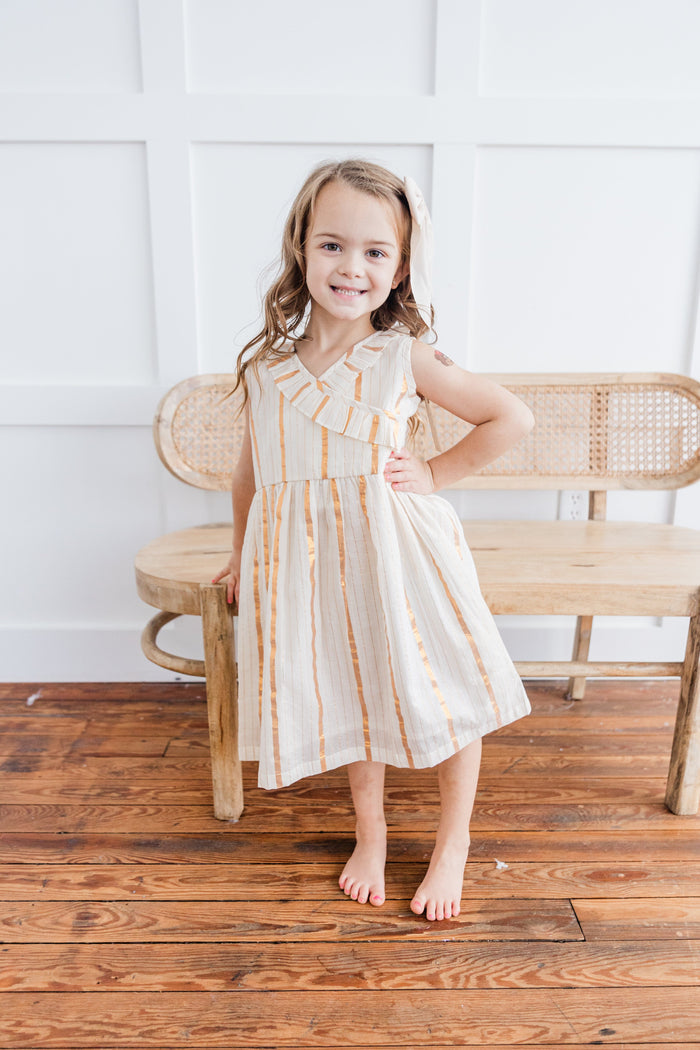 Off-White Gold Color Lurex Neck Ruffled Gathered Dress dress & diaper cover Yo Baby India