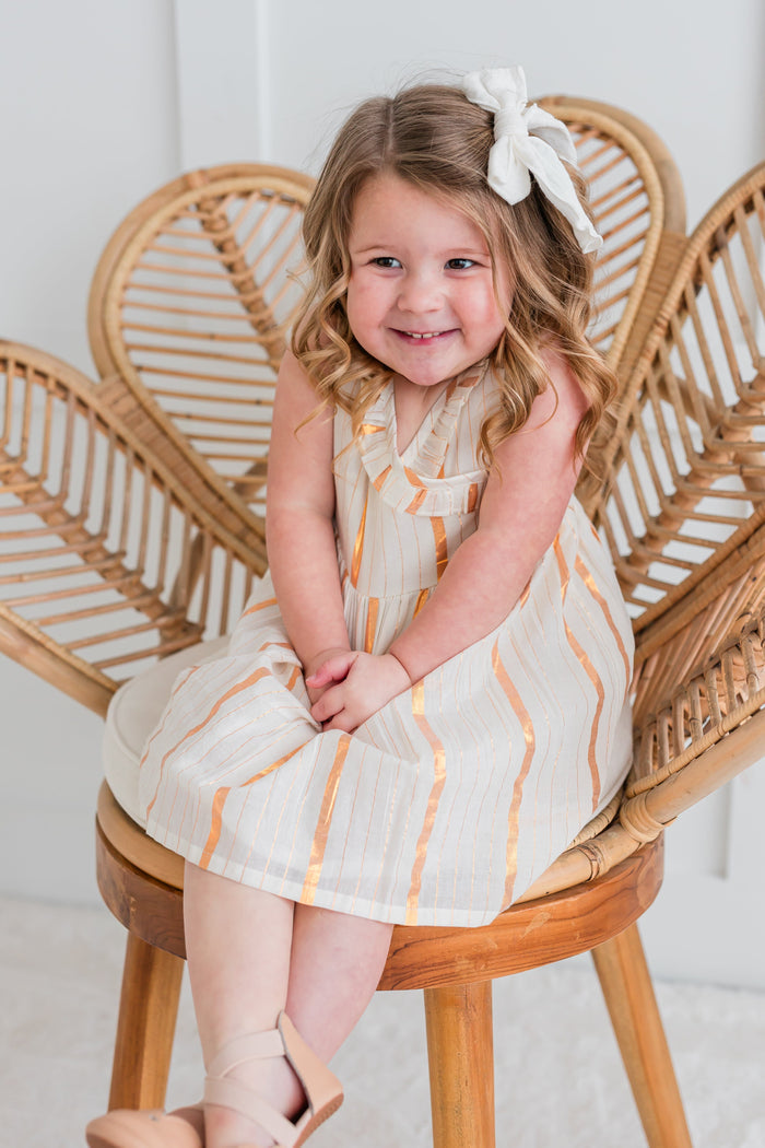Off-White Gold Color Lurex Neck Ruffled Gathered Dress dress & diaper cover Yo Baby India