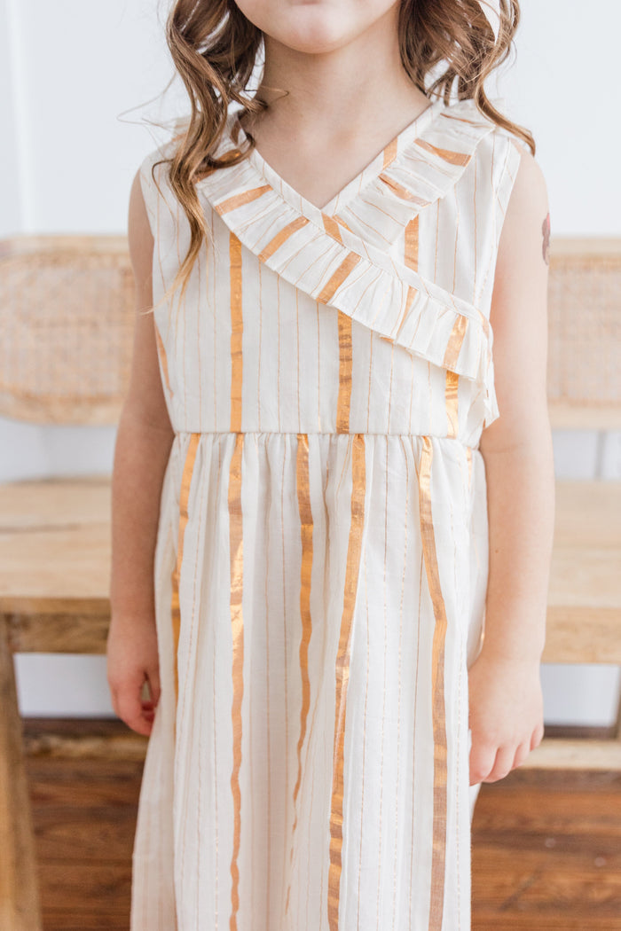 Off-White Gold Color Lurex Neck Ruffled Gathered Dress dress & diaper cover Yo Baby India