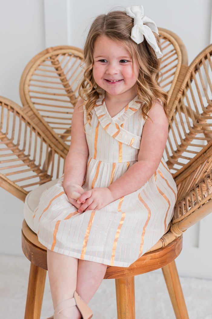 Off-White Gold Color Lurex Neck Ruffled Gathered Dress dress & diaper cover Yo Baby India