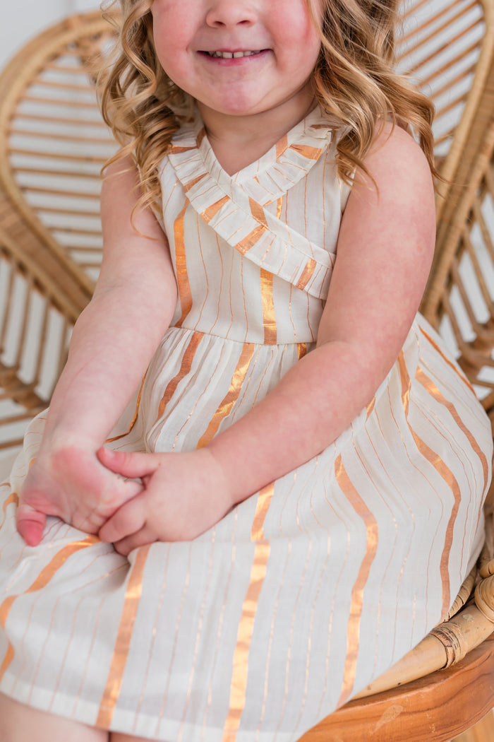 Off-White Gold Color Lurex Neck Ruffled Gathered Dress dress & diaper cover Yo Baby India
